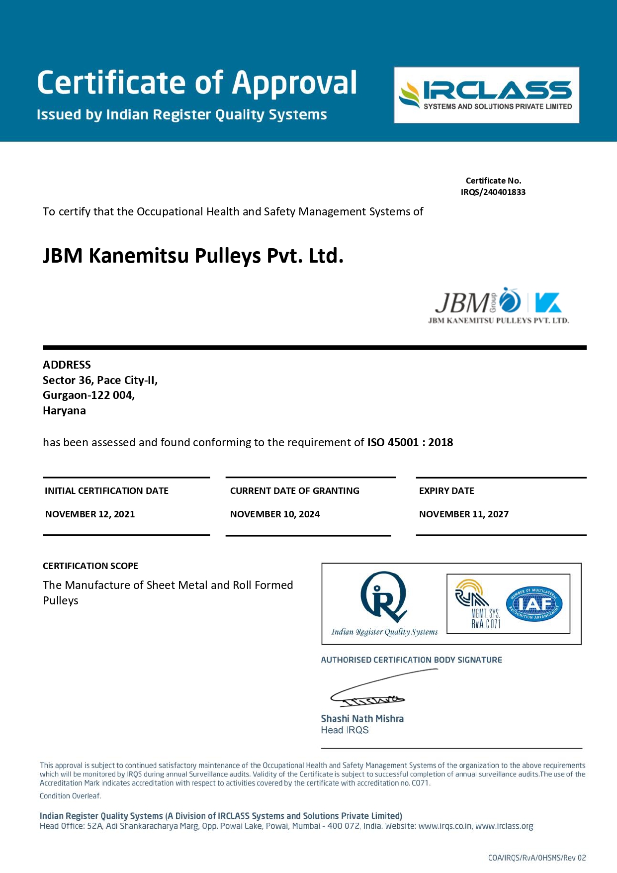 ISO 45001:2018 certificate